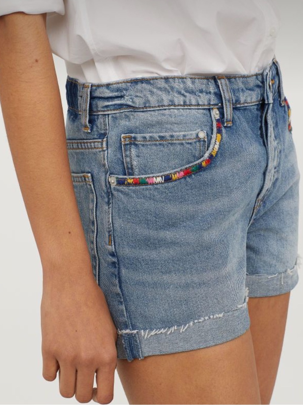 H&M Australia Blue Denim Rolled Hem Shorts with Multicolor Embroidered Trim